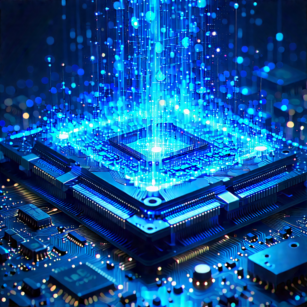Quantum Computer With Blue Light Glow With Computer Circuit