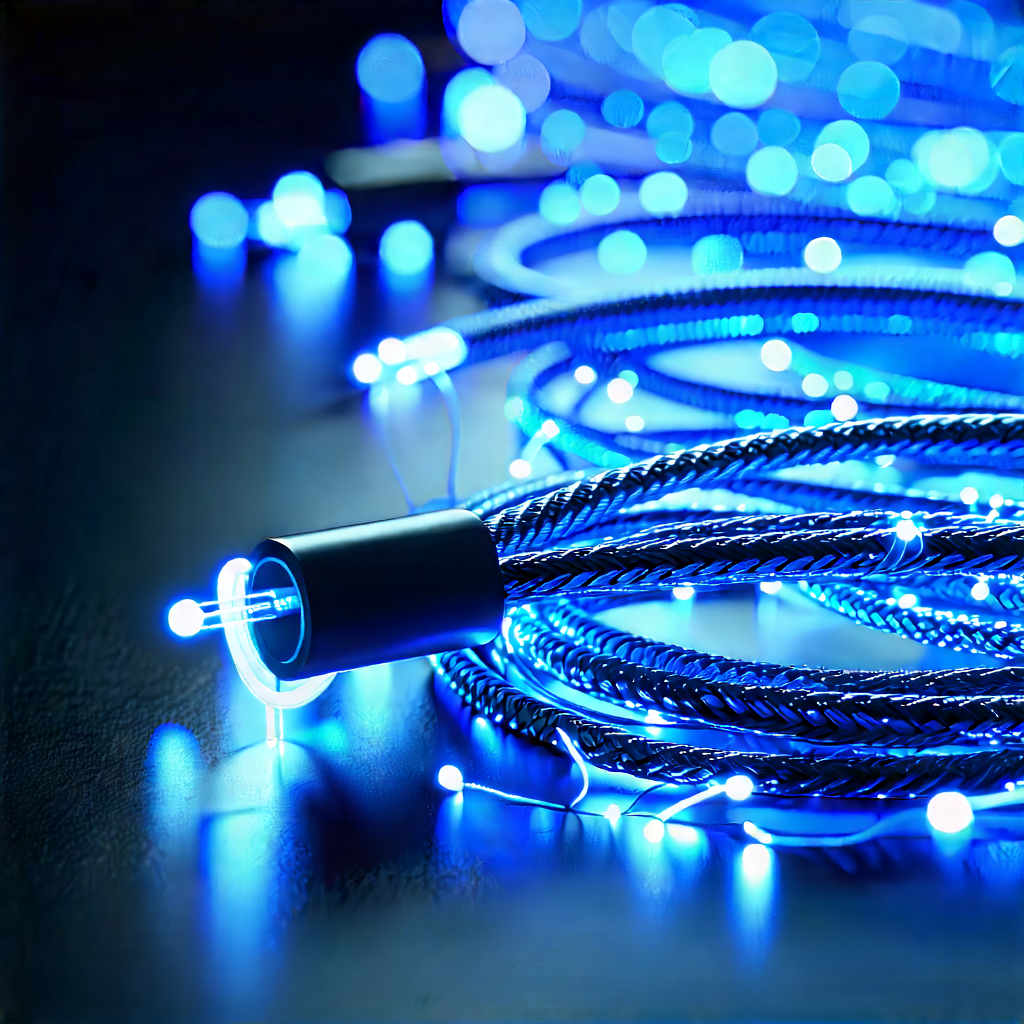 Close-up Of Fiber Optic Cables With Close-up Blue