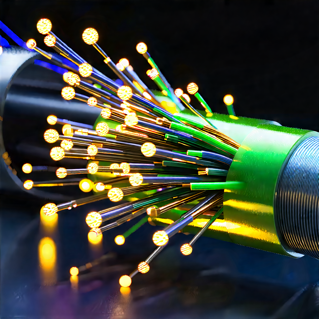 Close-up Of Fiber Optic Cables With Close-up Green