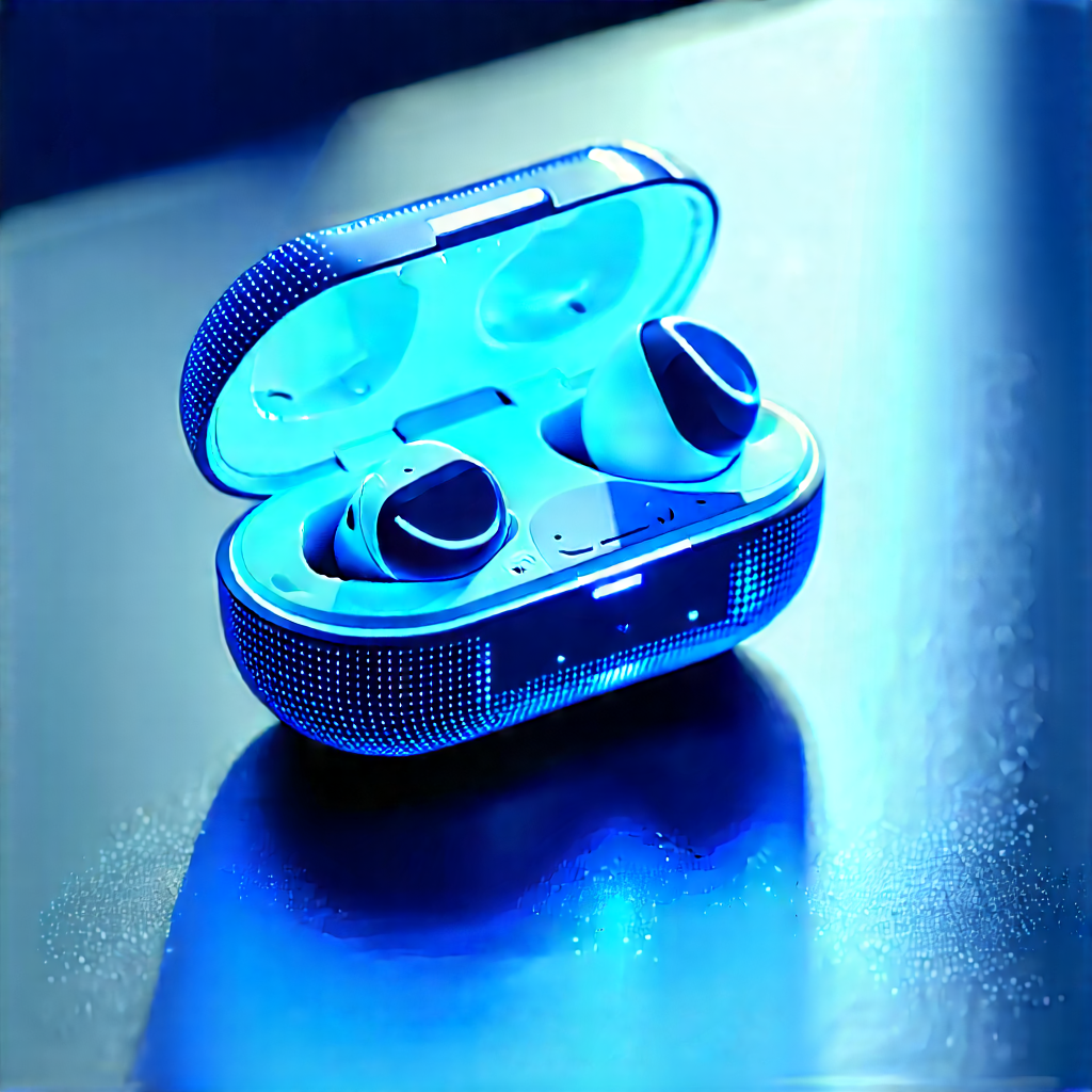 Wireless Earbuds With User Interface With Blue Case