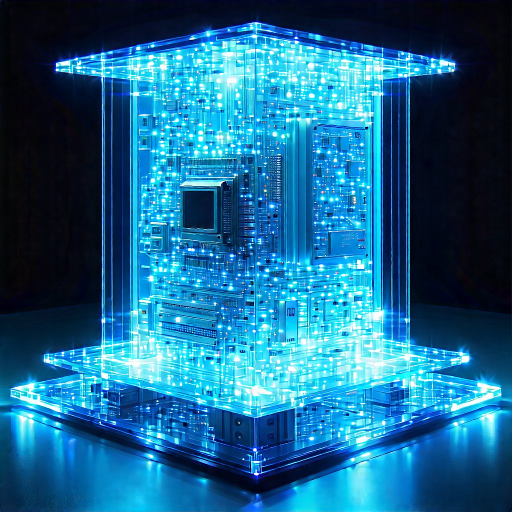 Quantum Computer With Blue Light Glow With Large, Blue,