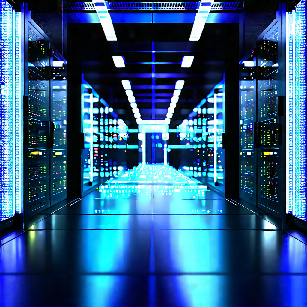 Server Rack With Data Streams With Large, Blue-lit