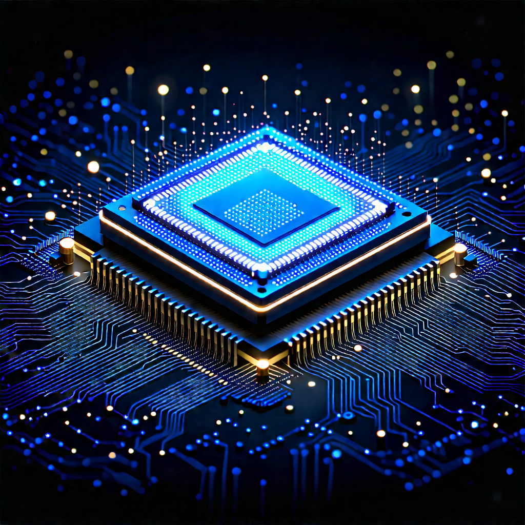 Microchip With Digital Particles With Blue Square