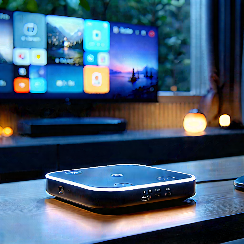 Smart Home (device:1.23) With Glowing Screen With Wooden Table