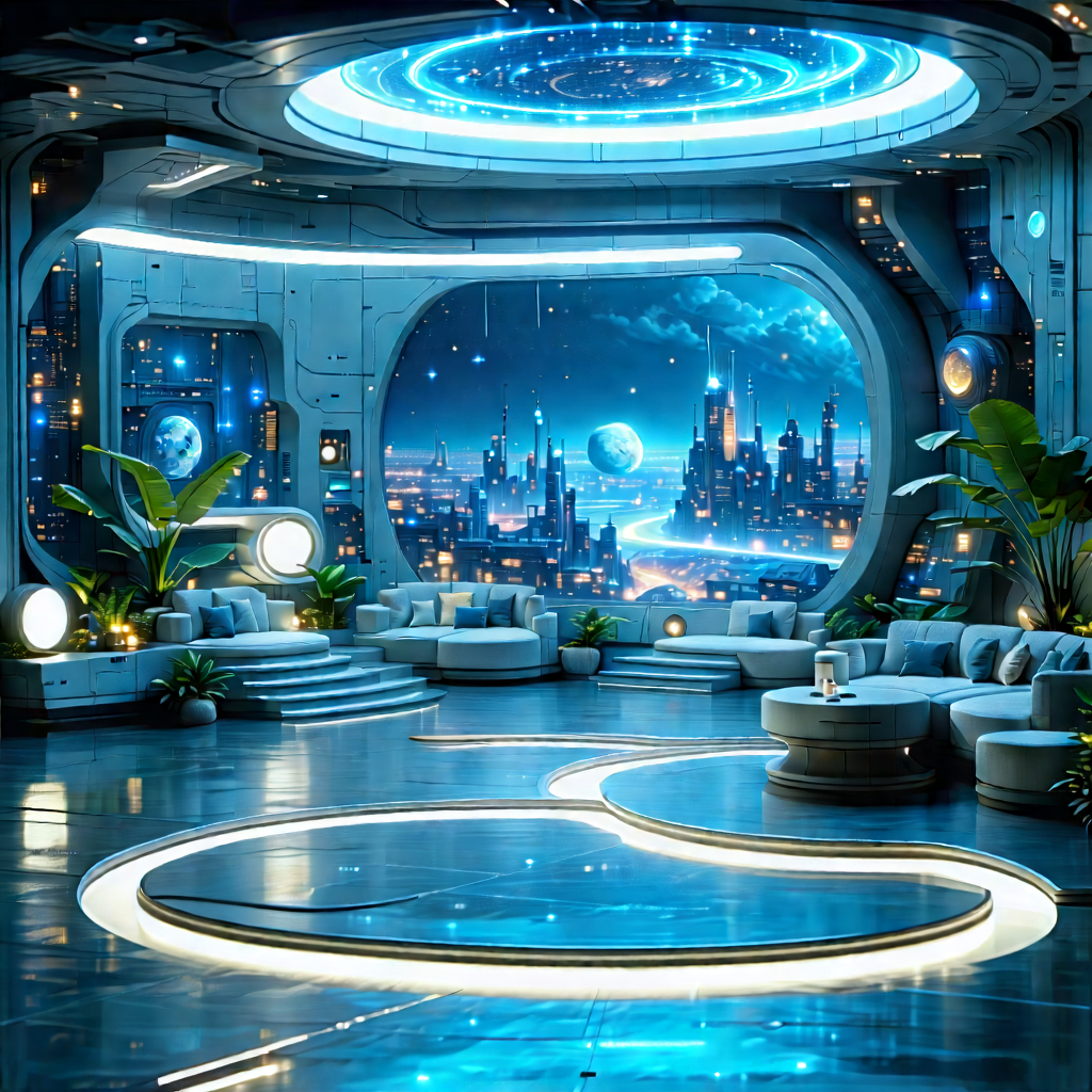 (futuristic:1.41) Tech Startup Office With Futuristic Setting,