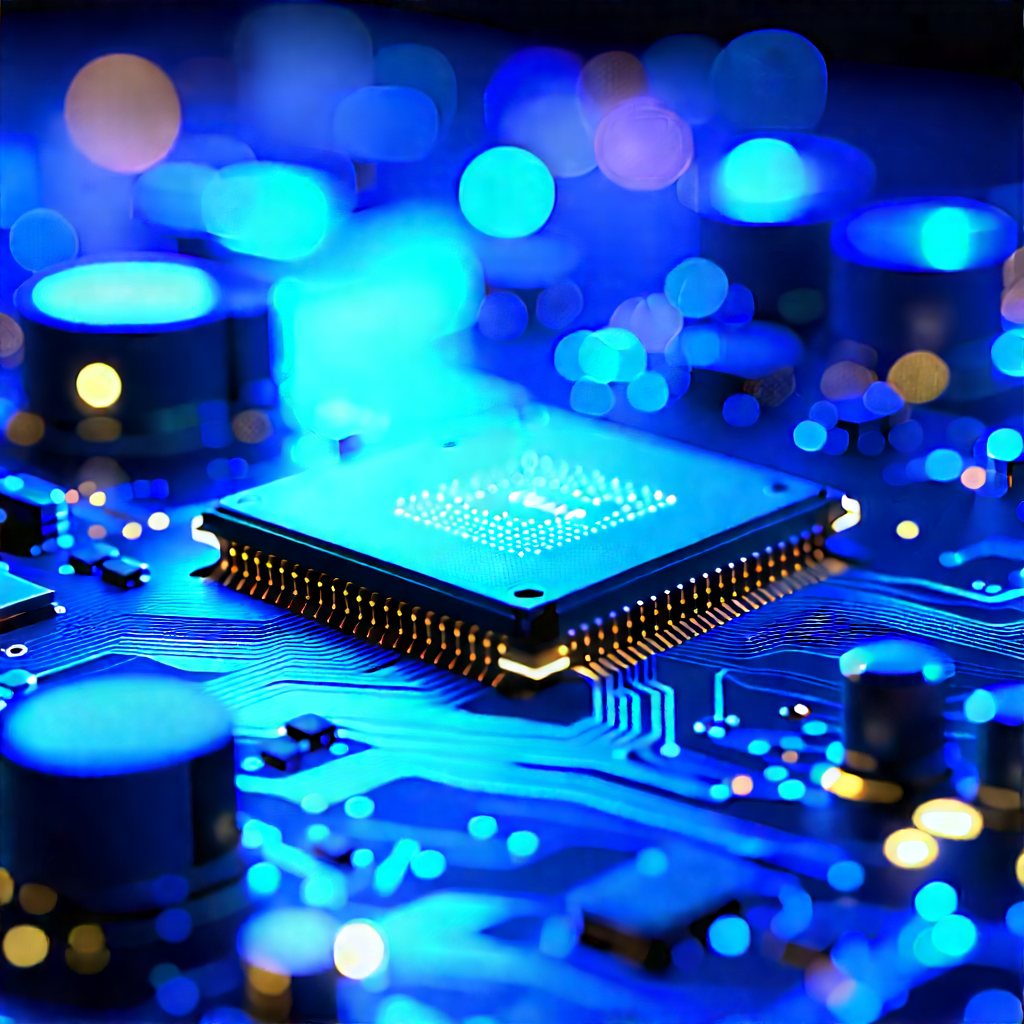 Circuit Board With Blue Light Glow With Close-up Computer