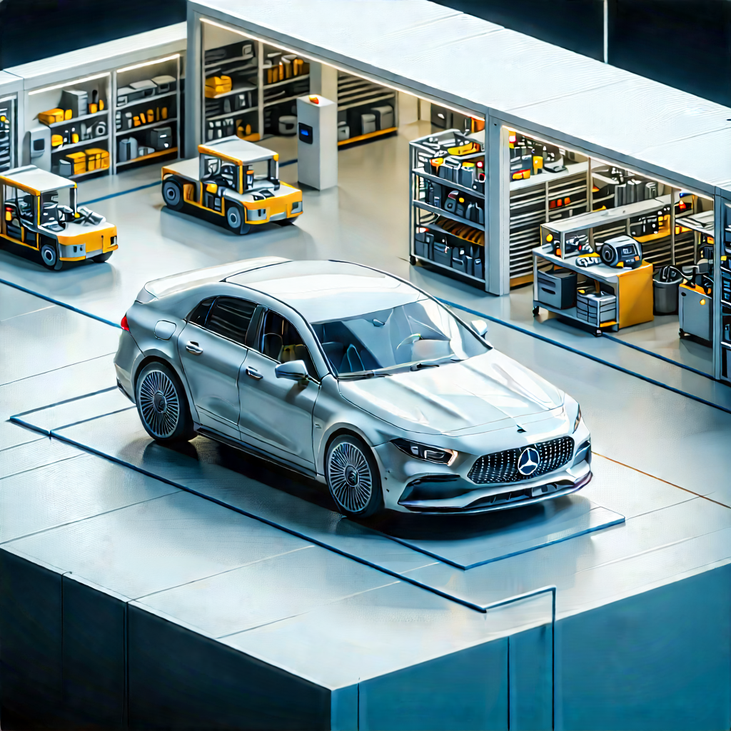 Automotive Technology In Manufacturing Facility With Silver Mercedes