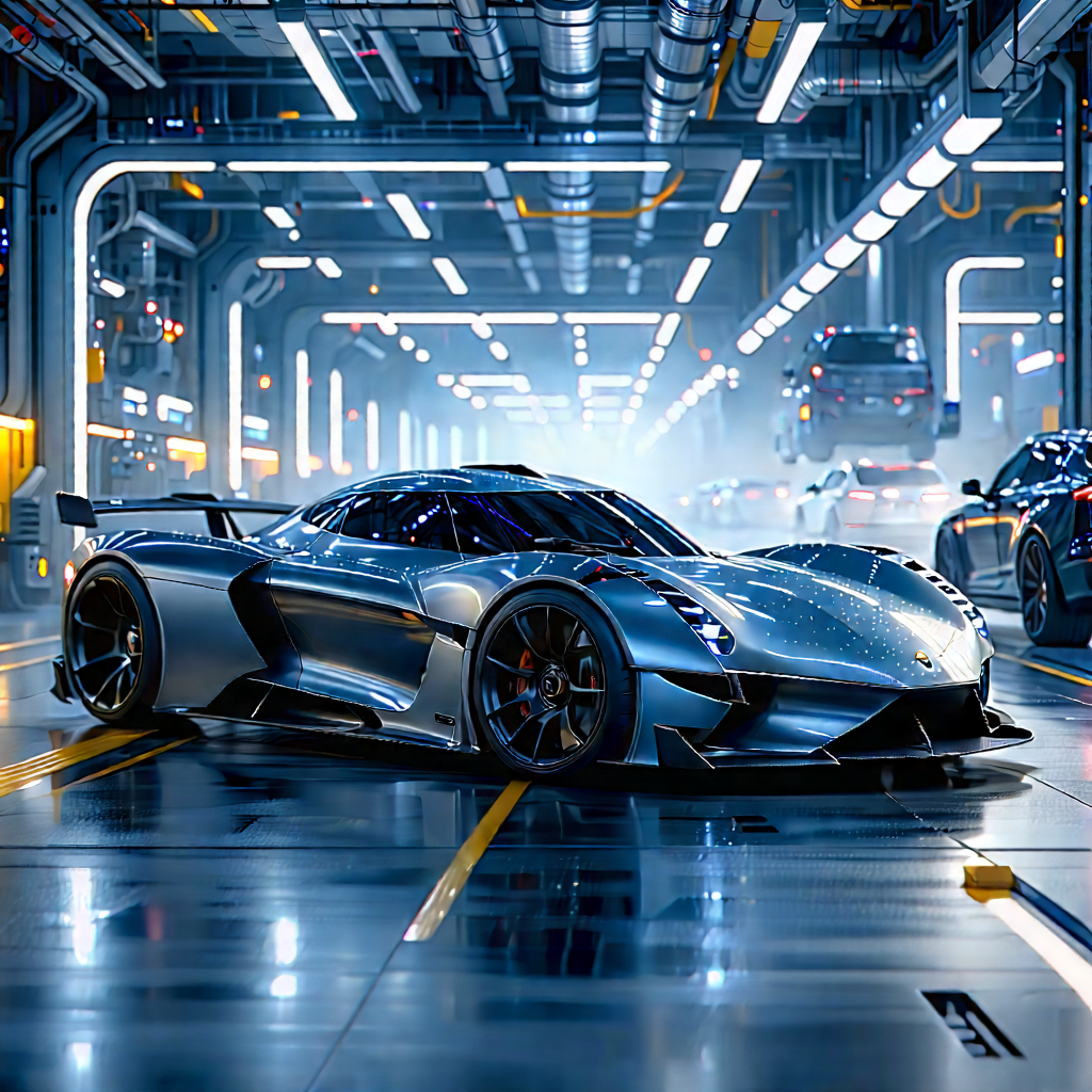 Automotive Technology In Manufacturing Facility With Futuristic City