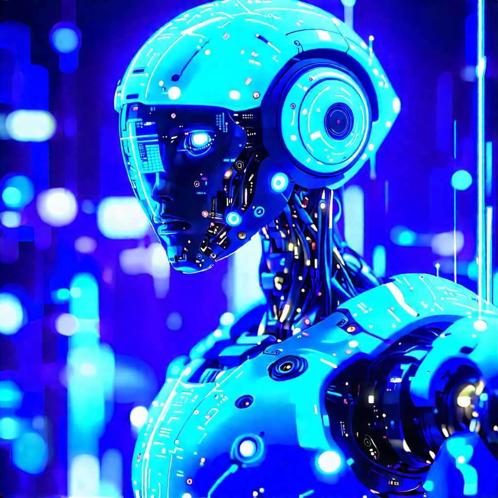 Robot With Blue Light Glow With Futuristic Robot