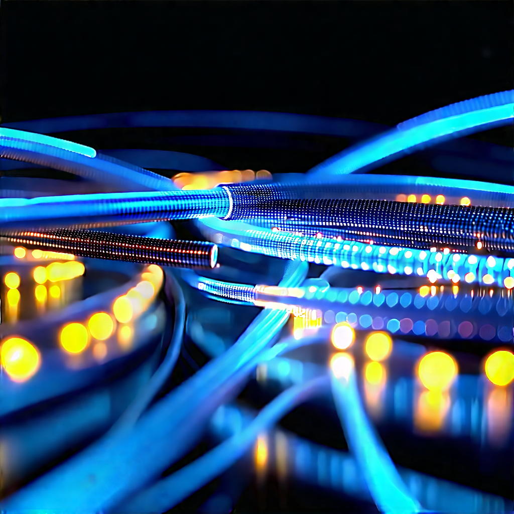 Close-up Of Fiber Optic Cables With Blue Light