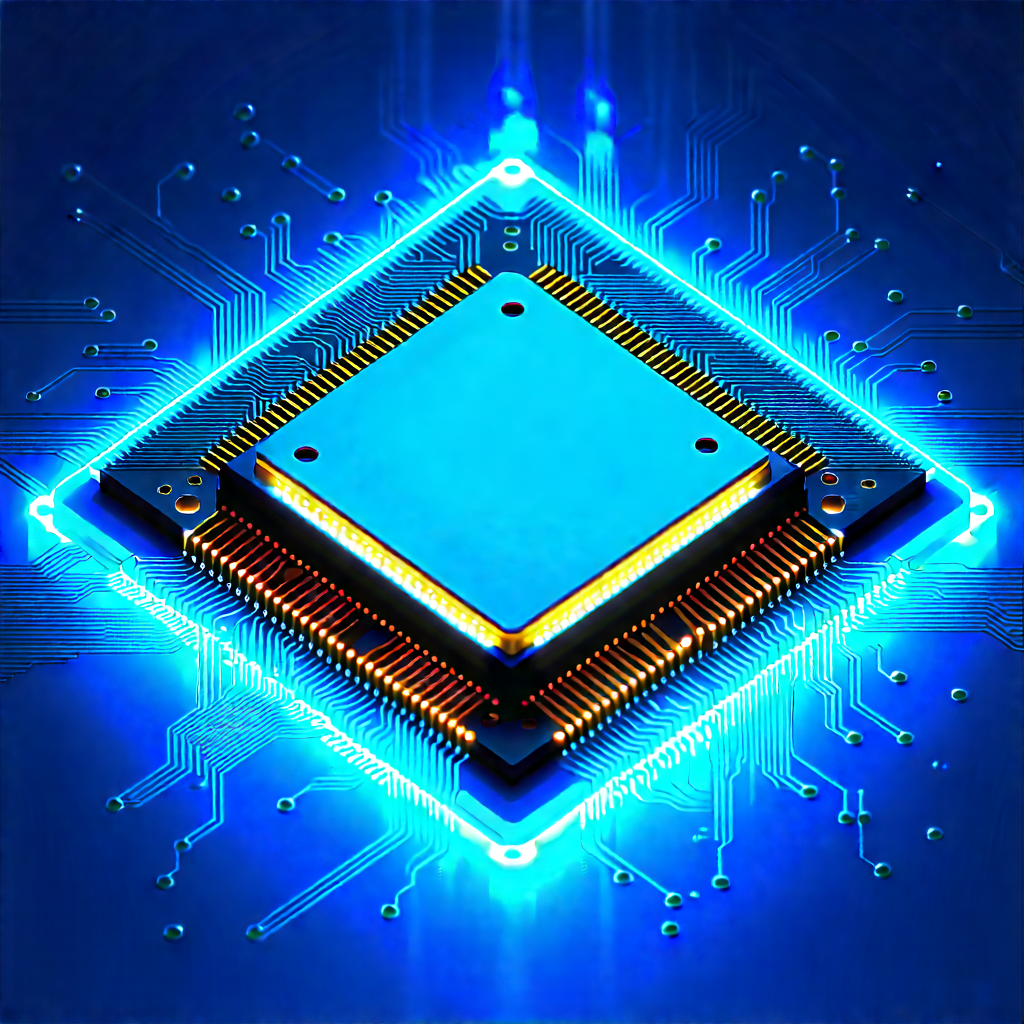 Microchip With Blue Light Glow With Blue Yellow