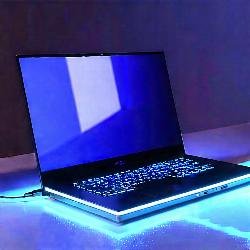 Laptop With Glowing Screen With Black Laptop
