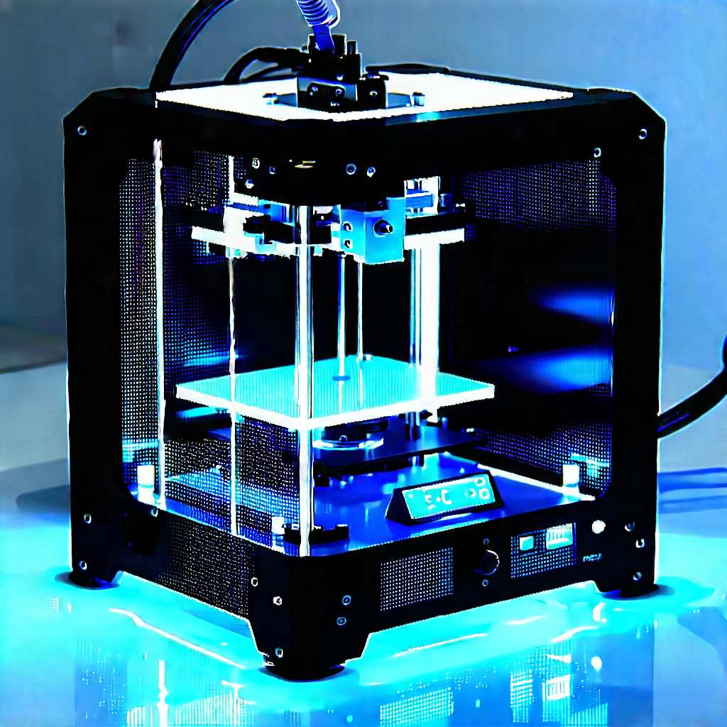 3d printer with blue light glow
