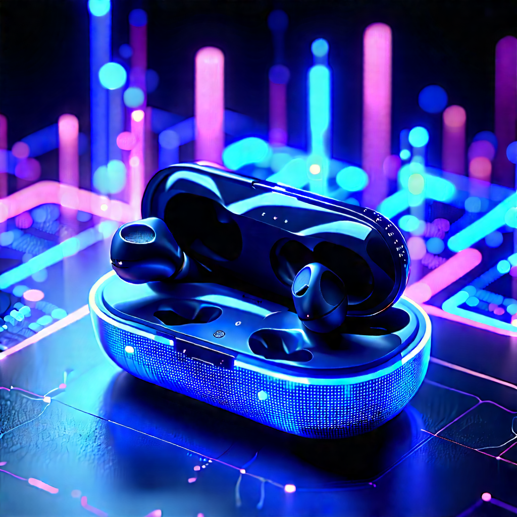Wireless Earbuds With Data Visualization With Black Blue
