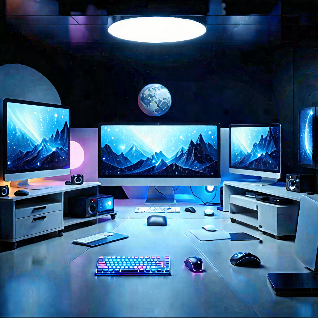 (futuristic:1.36) (digital:1.2) Workspace With Image, There