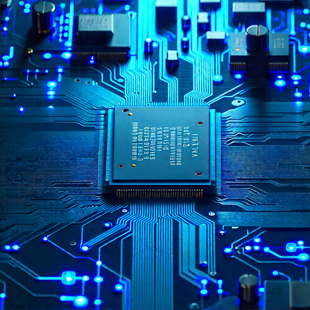Circuit board with blue light glow