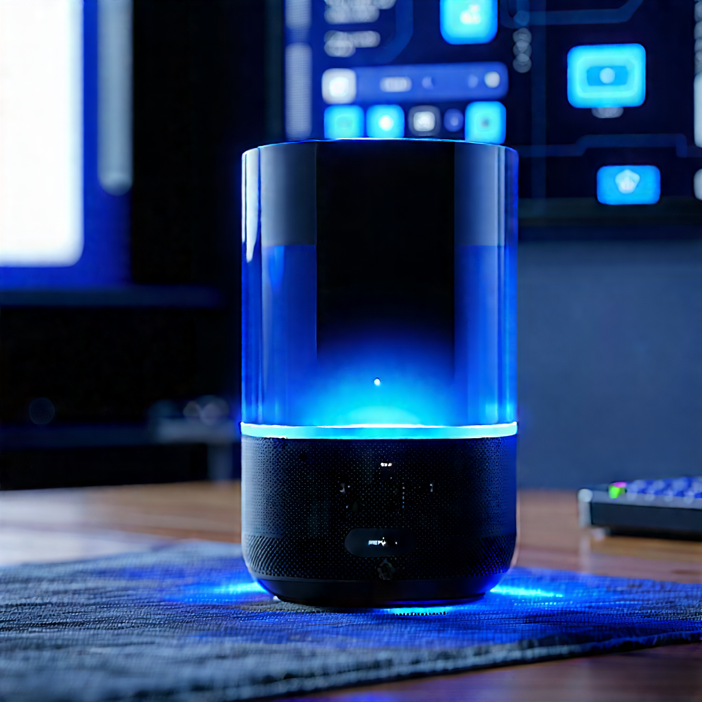 Smart Home Device With Glowing Screen With Small, Blue