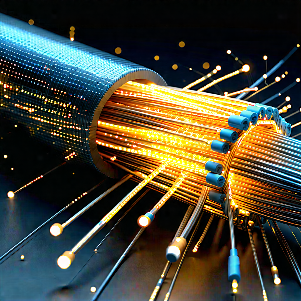 Close-up Of Fiber Optic Cables With Close-up Wire