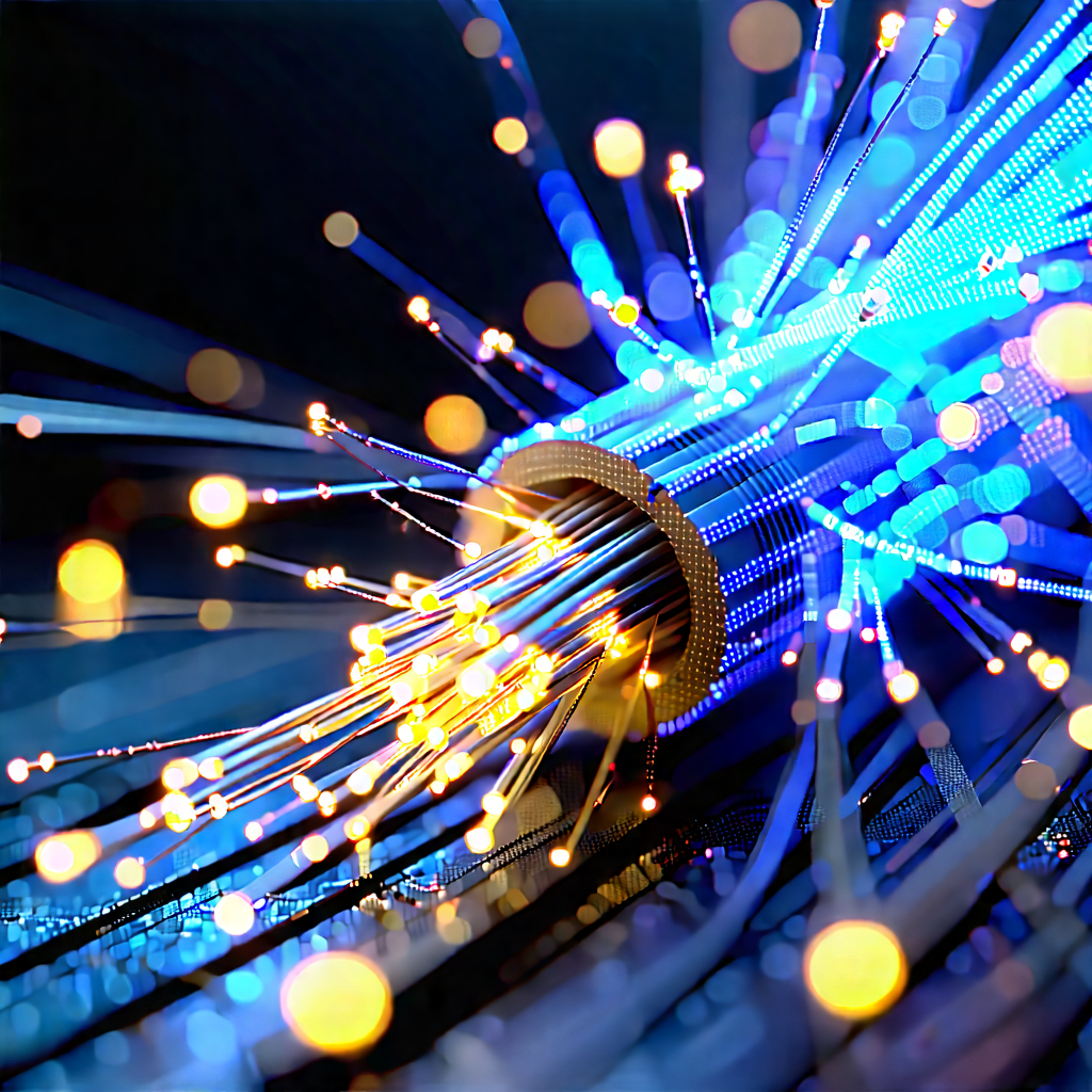 Close-up Of Fiber Optic Cables With Blue Wire