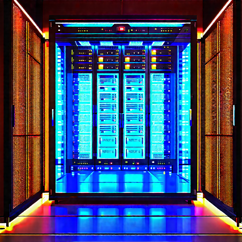Server rack with blue light glow