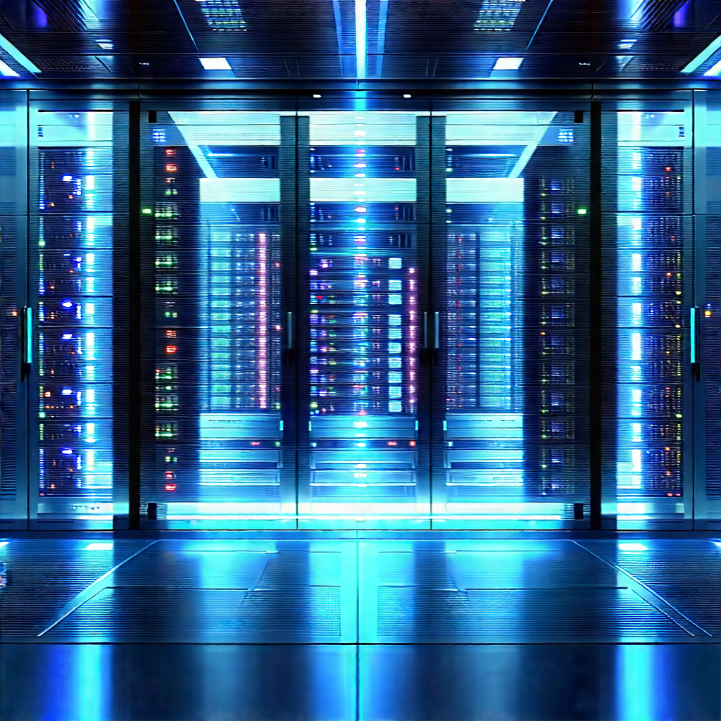 Futuristic Server Room With Large Blue