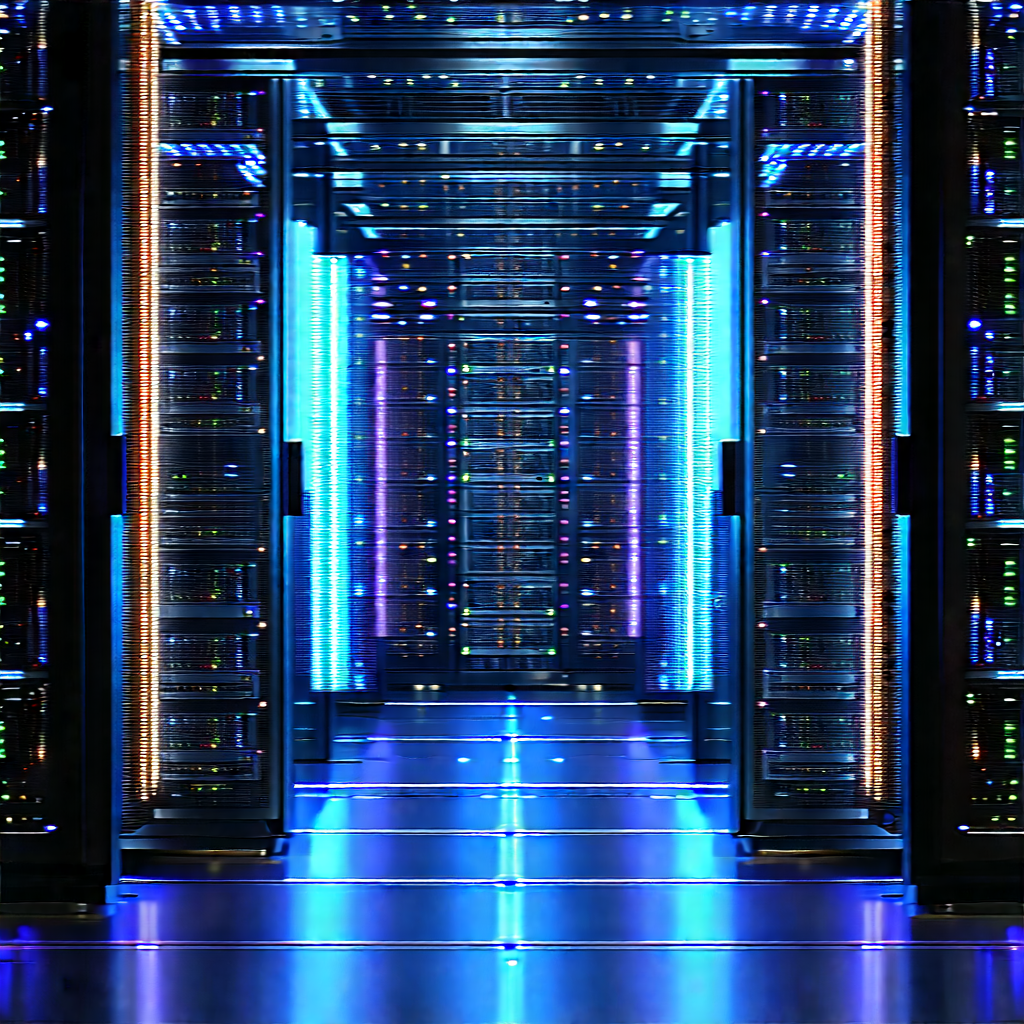 Server Rack With Holographic Projection With Large, Blue-lit