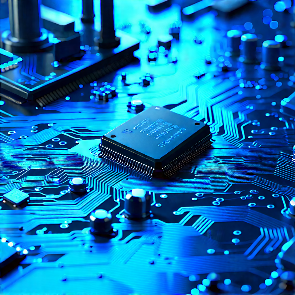 Circuit Board With Blue Light Glow With Close-up Computer