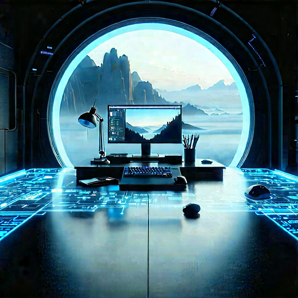 Futuristic (digital:1.12) Workspace With Computer Desk