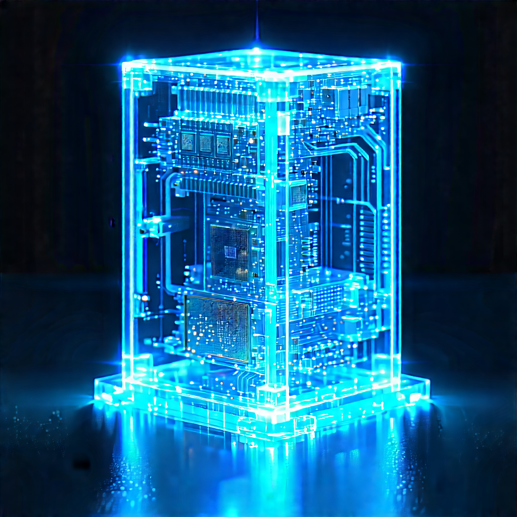 Quantum Computer With Blue Light Glow With Blue, Glowing