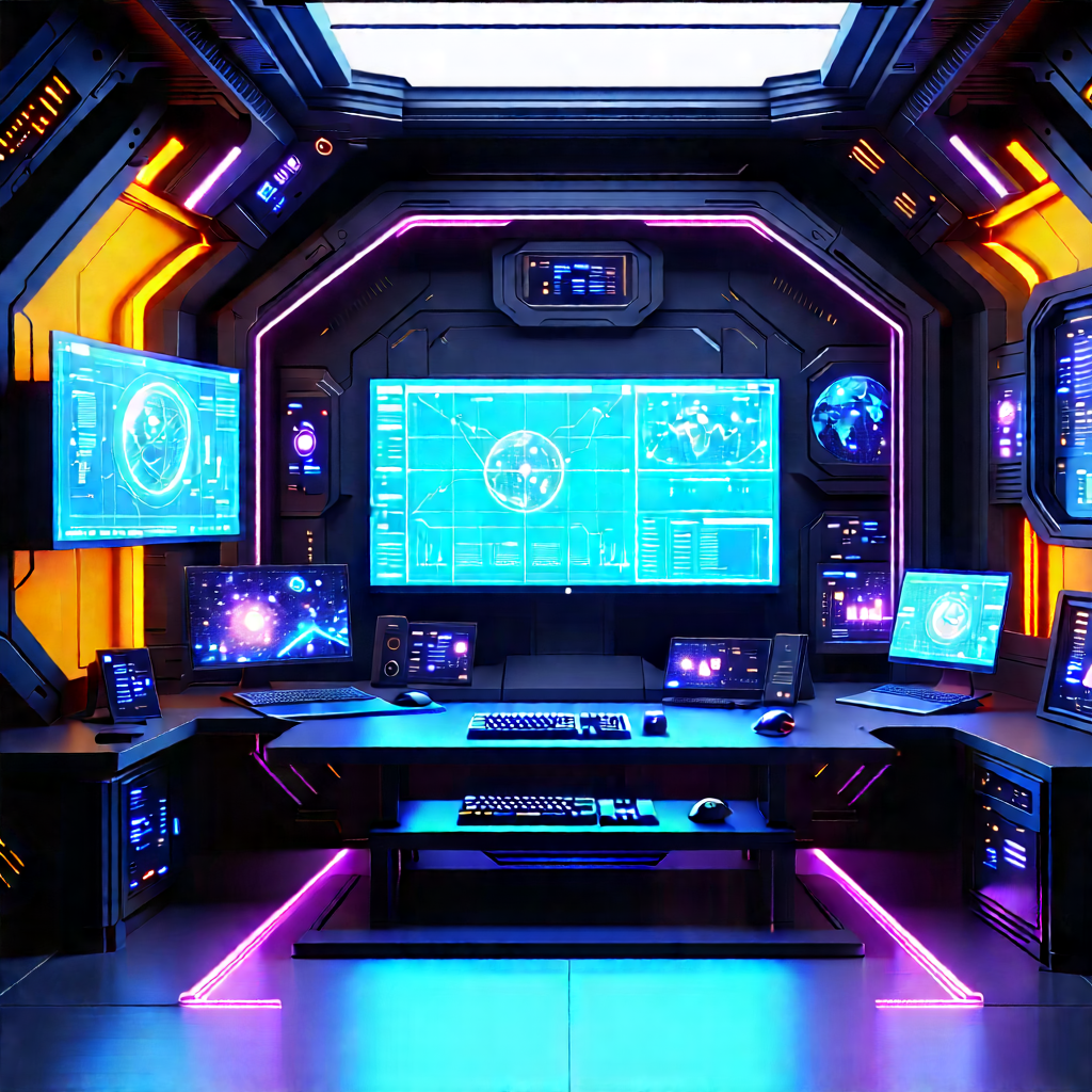 (futuristic:1.46) (digital:1.39) Workspace With Futuristic Room,