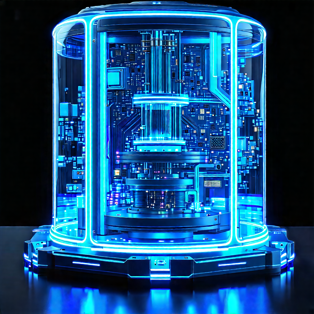 Quantum Computer With Neon Accents With Blue White