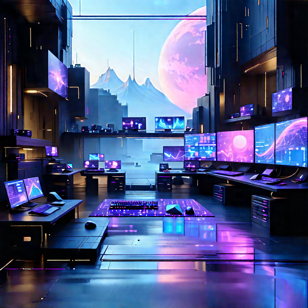 (futuristic:1.48) (digital:1.3) Workspace With Futuristic Scene,