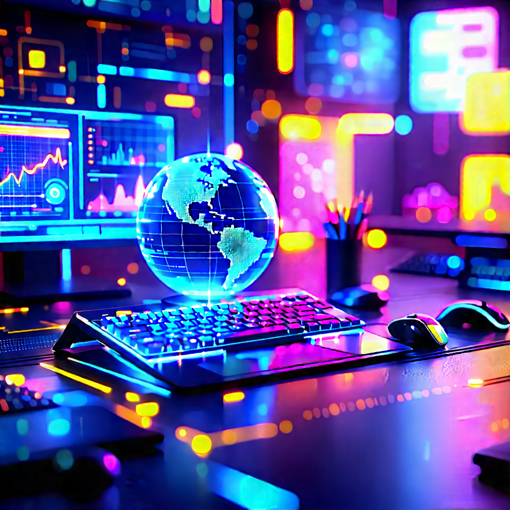 Futuristic Digital Workspace With Computer Desk