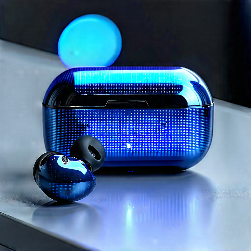 Wireless Earbuds With Holographic Display With Blue Black