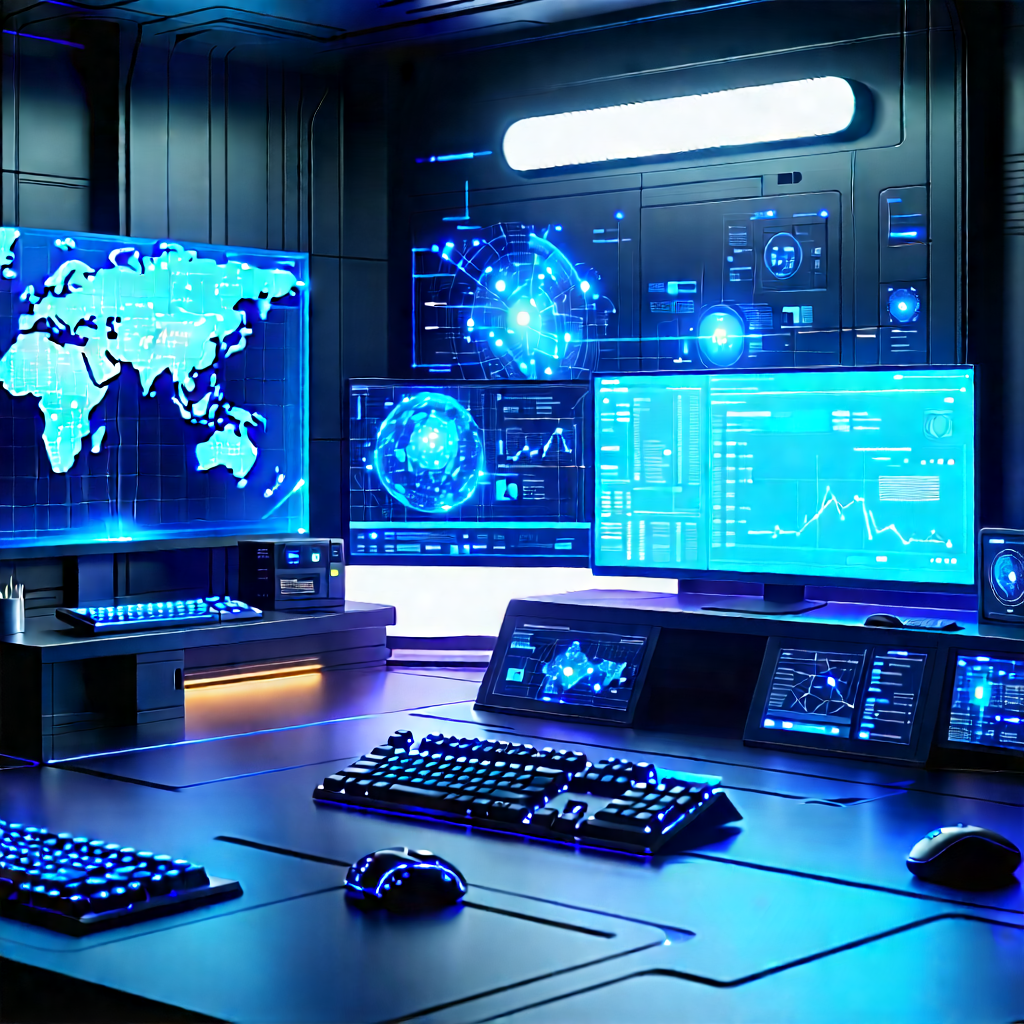 Futuristic Digital Workspace With Large Computer