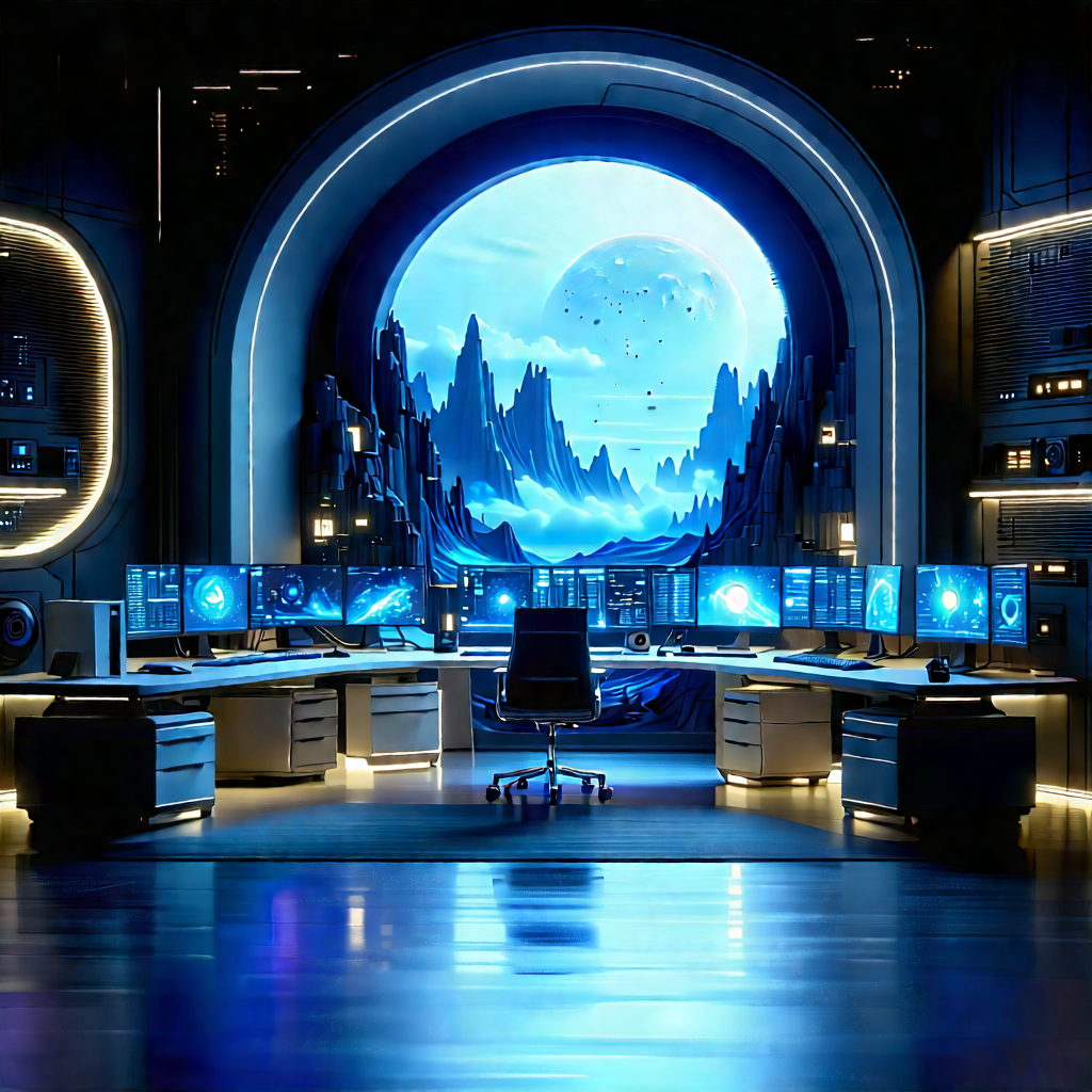 (futuristic:1.3) Tech Startup Office With Image, There