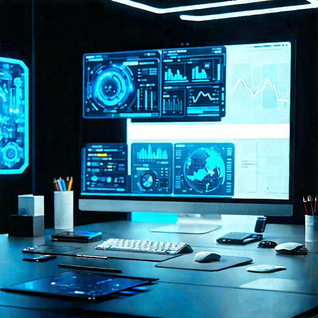 Futuristic Digital Workspace With Computer Desk
