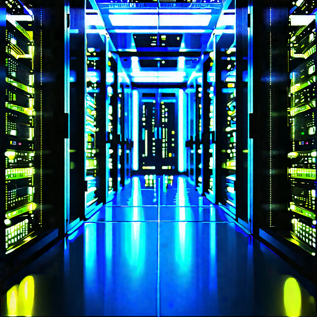 Server rack with blue light glow