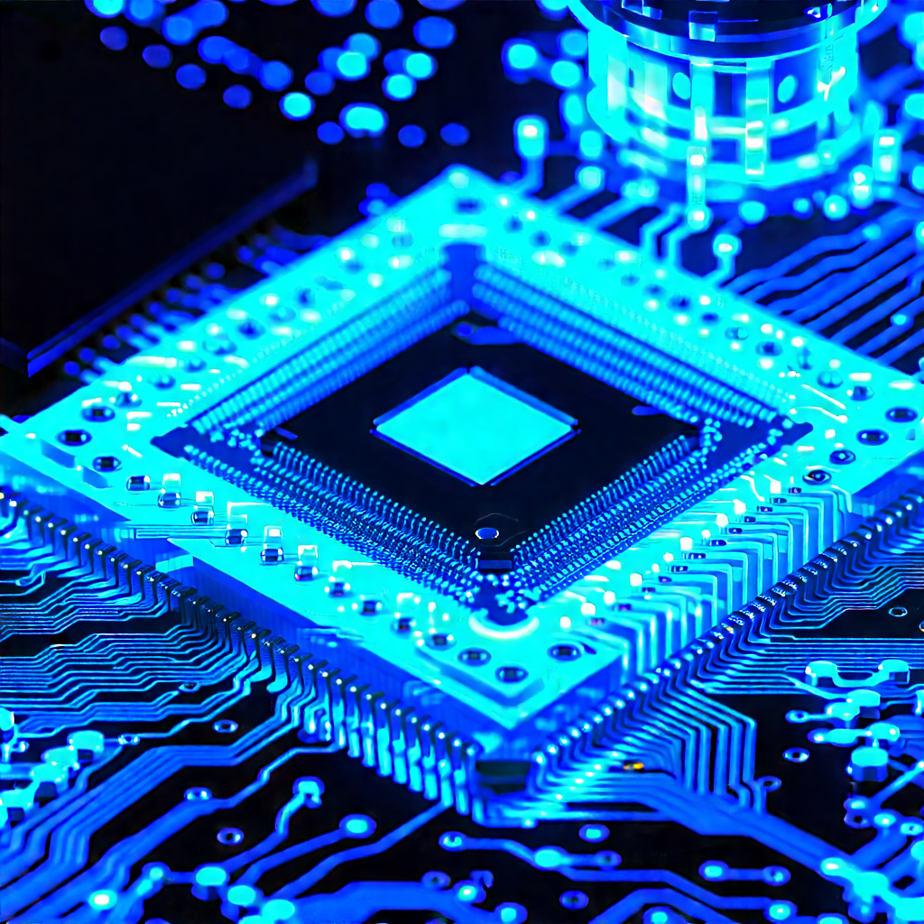 Circuit board with blue light (glow:1.38)