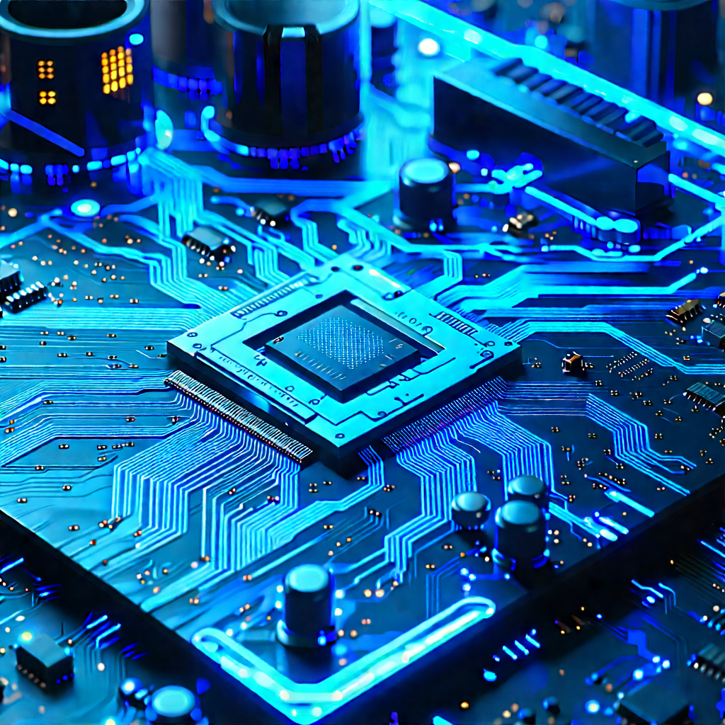 Circuit board with blue light glow