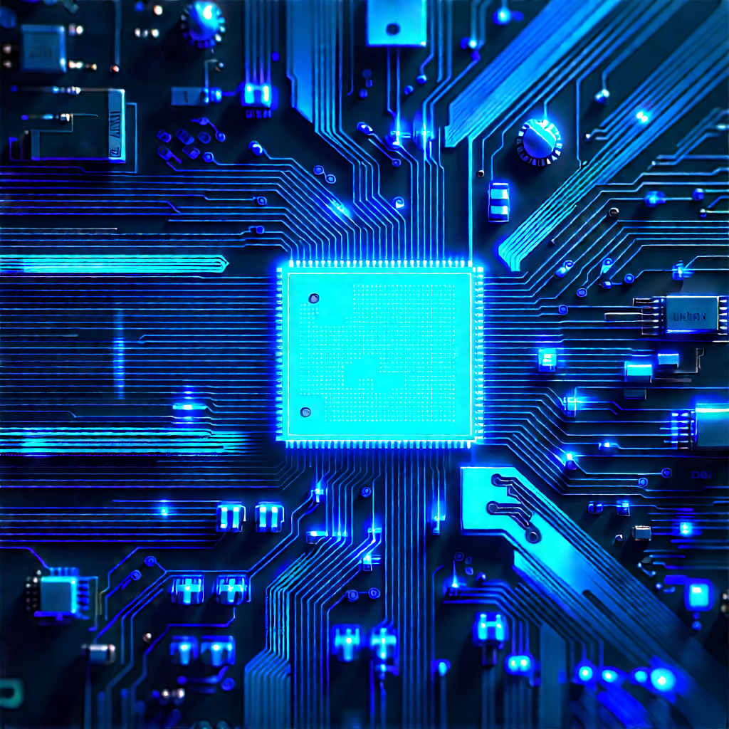 Circuit board with blue light glow