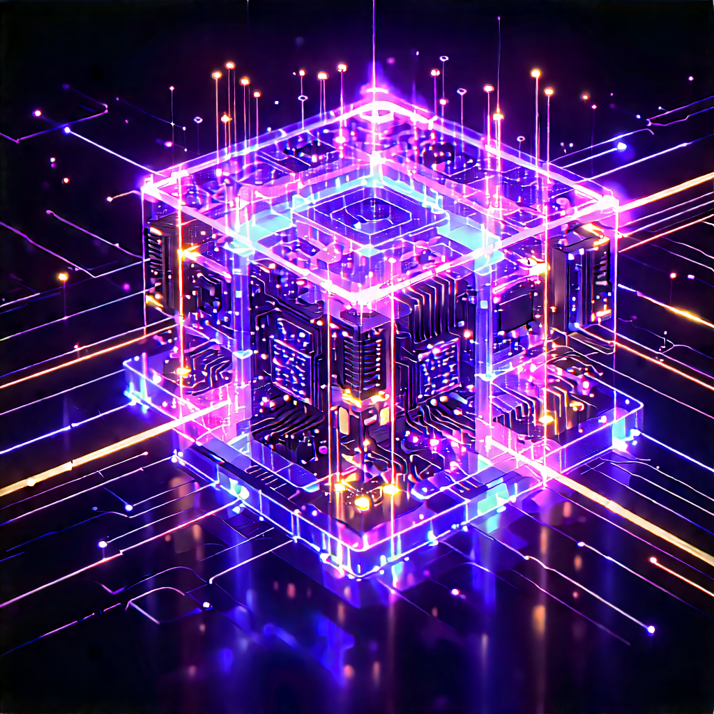 Quantum Computer With Neon Accents With Three-dimensional Computer
