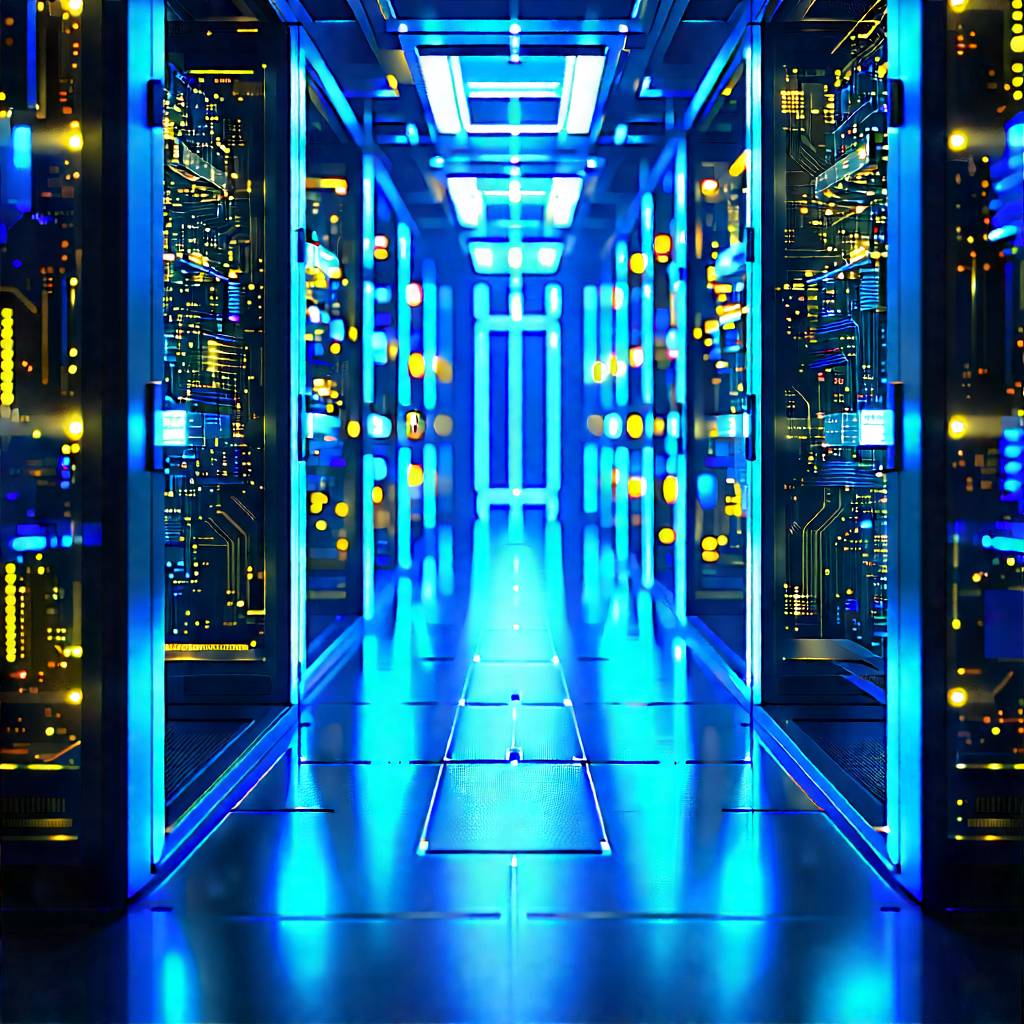 Quantum Computer With Blue Light Glow With Image, There