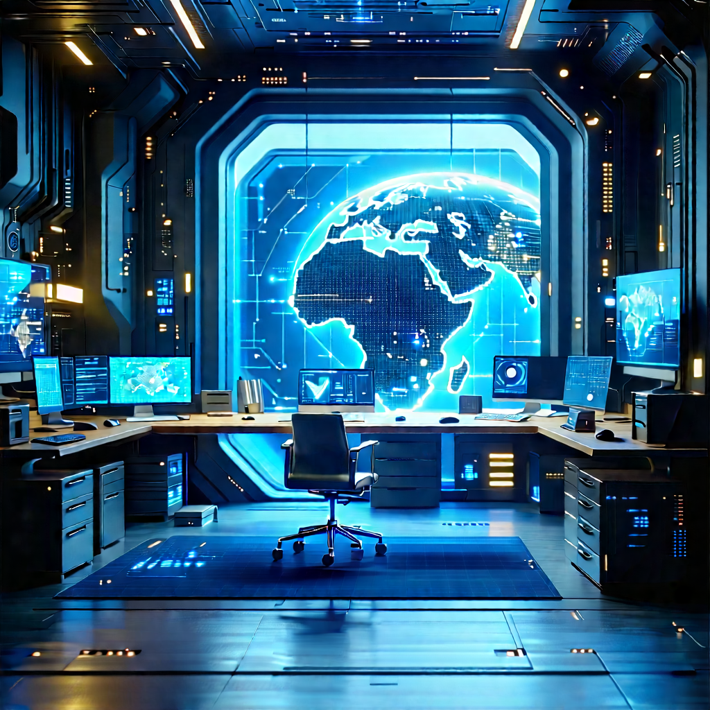 (futuristic:1.48) Tech Startup Office With Futuristic Setting,