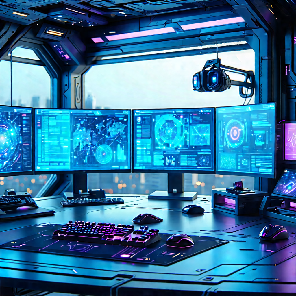 (futuristic:1.49) (digital:1.38) Workspace With Image, There