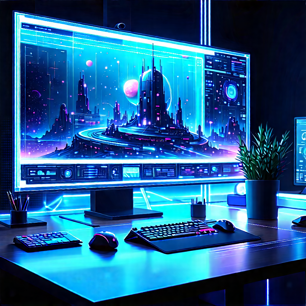 (futuristic:1.4) (digital:1.45) Workspace With Large Computer
