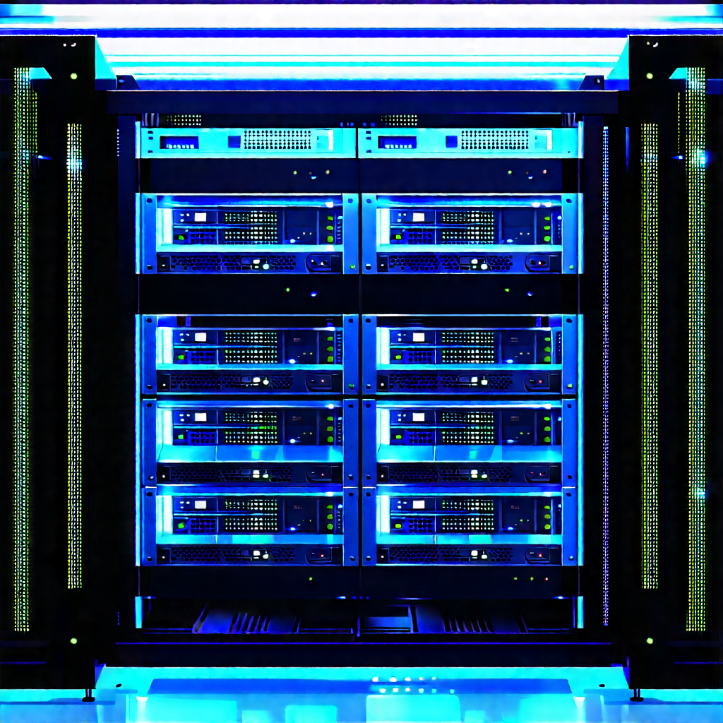 Server rack with blue light glow