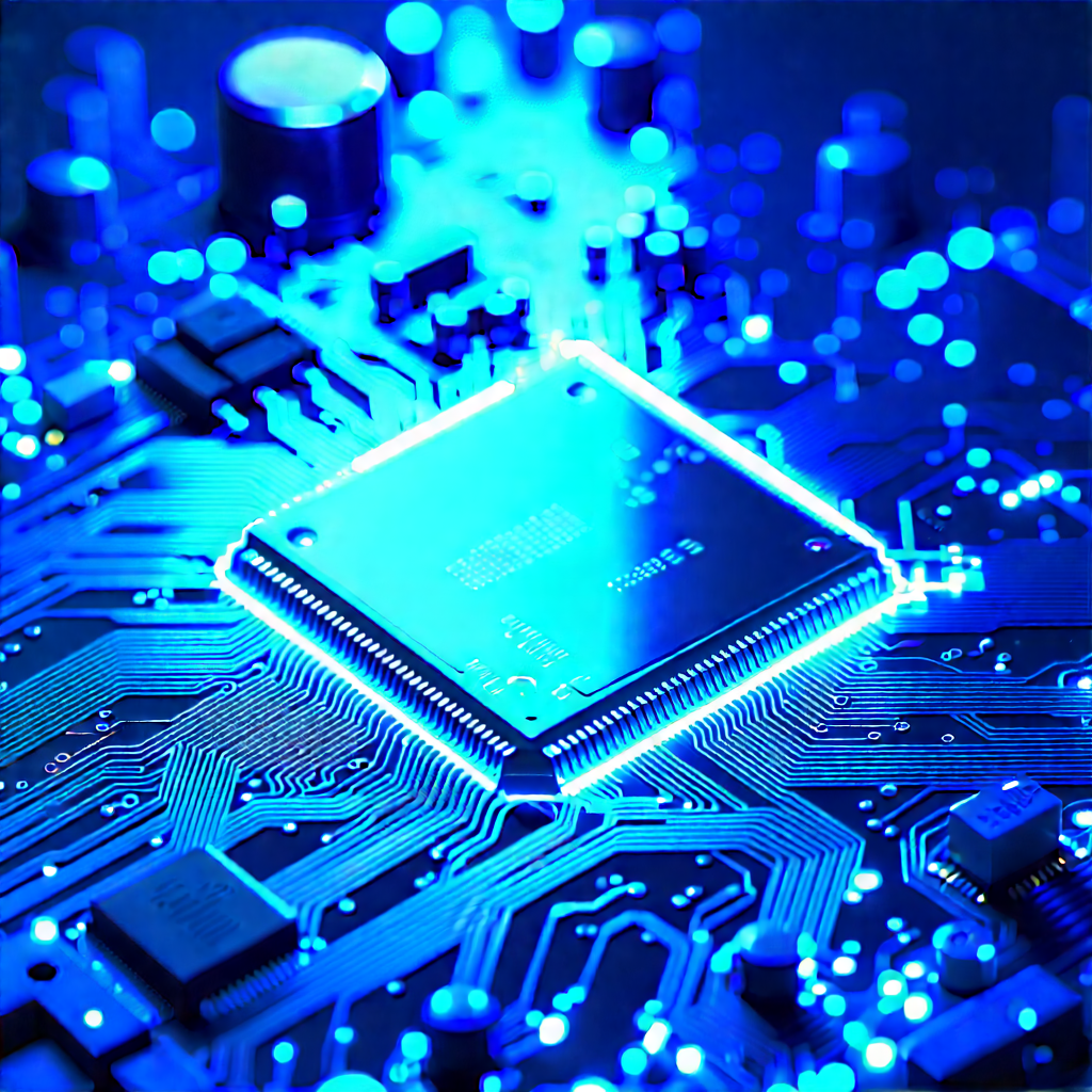 Circuit board with blue light glow