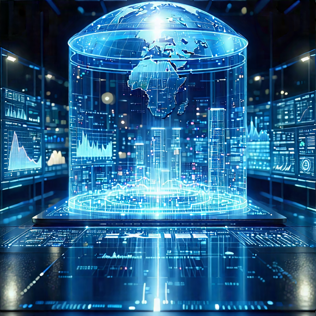 Financial Technology In Research Center With Large, Blue,