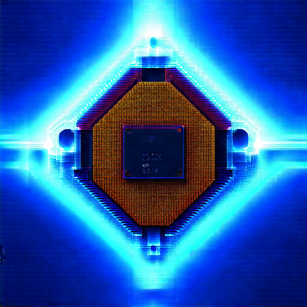Microchip With Blue Light Glow With Computer Chip